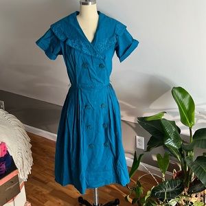 VINTAGE 1950s A-Line Teal Double Breasted Dress